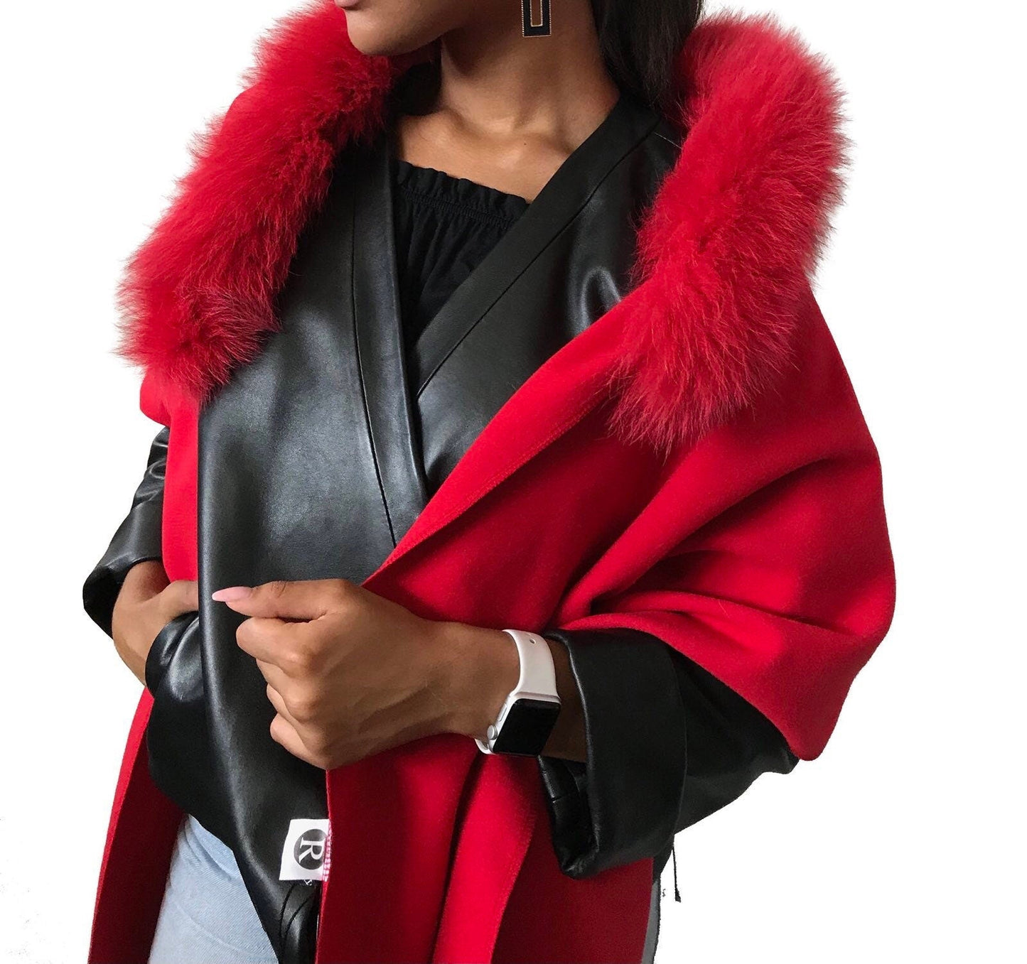 Red Women Scarf Stole Cape Wrap Trim Fox Fur, Extra Large Shawl, Winter Gift, Woolen blend Cape Scarf - My Love Cape