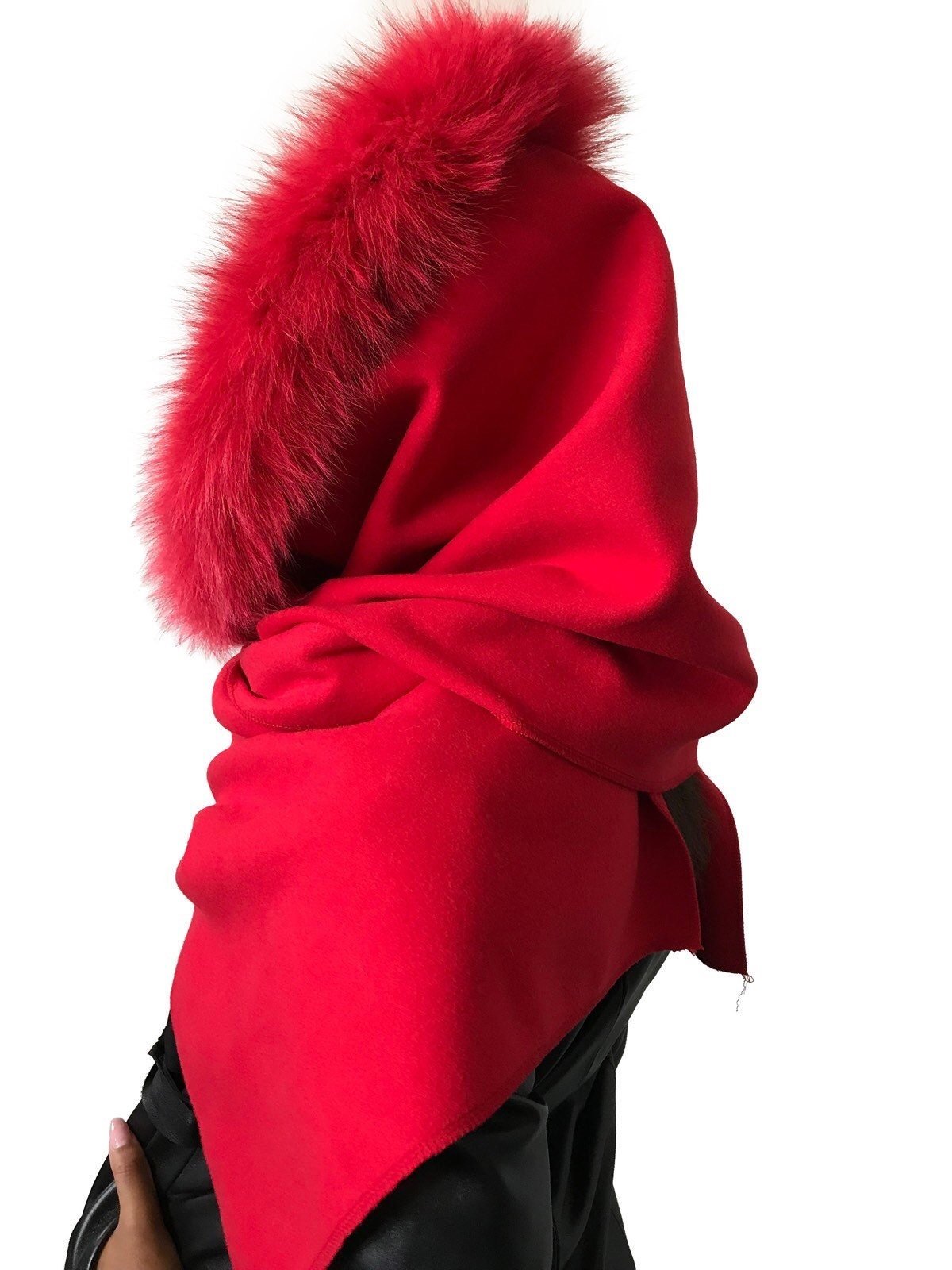 Red Women Scarf Stole Cape Wrap Trim Fox Fur, Extra Large Shawl, Winter Gift, Woolen blend Cape Scarf - My Love Cape