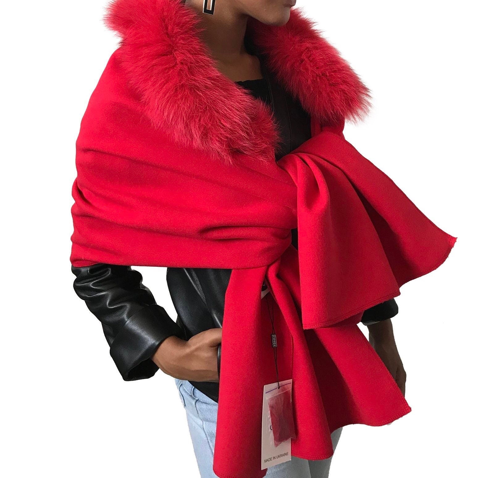 Red Women Scarf Stole Cape Wrap Trim Fox Fur, Extra Large Shawl, Winter Gift, Woolen blend Cape Scarf - My Love Cape