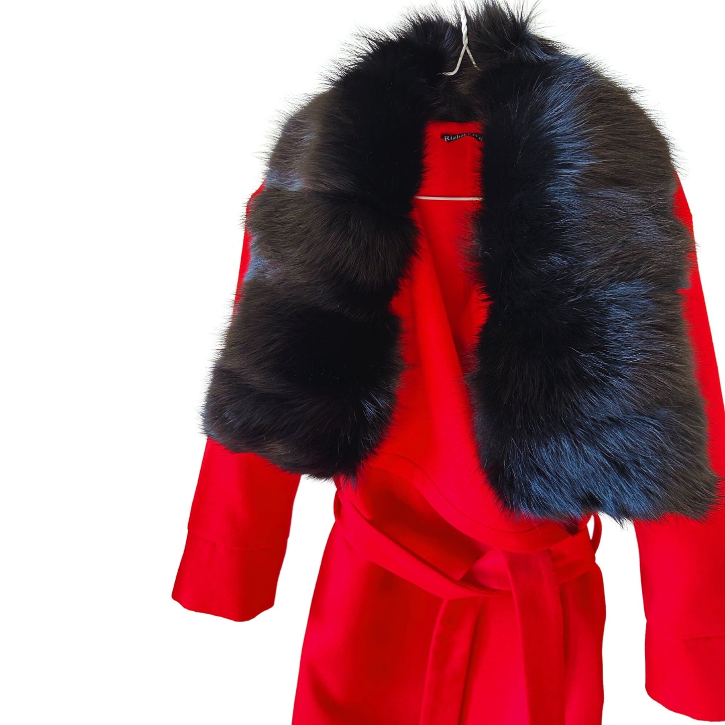 Red Wrap Elegant Women coat with black fur fox collar, Long Belted Feminine Overcoat Trim Fox Fur, Cashmere Woolen blend Coat Wrap - My Love Cape