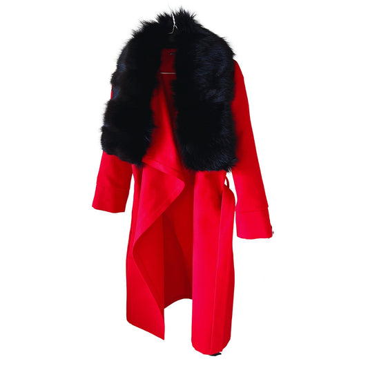 Red Wrap Elegant Women coat with black fur fox collar, Long Belted Feminine Overcoat Trim Fox Fur, Cashmere Woolen blend Coat Wrap - My Love Cape