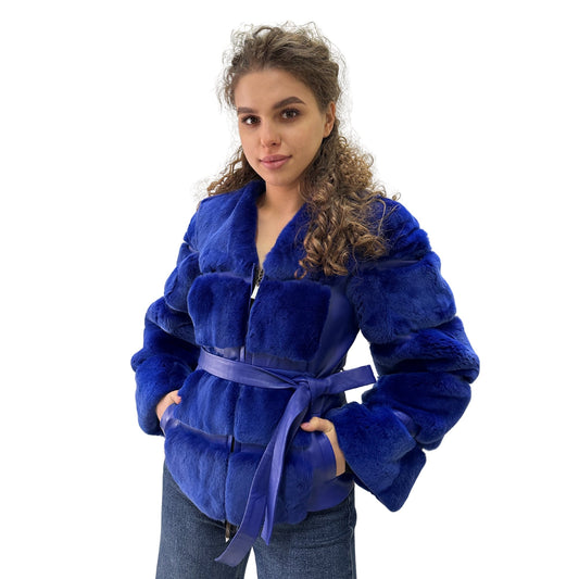 Royal Blue Fur Jacket coat made of natural leather and rex rabbit fur (S) - My Love Cape