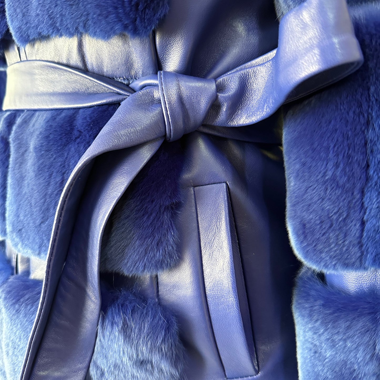 Royal Blue Fur Jacket coat made of natural leather and rex rabbit fur (S) - My Love Cape