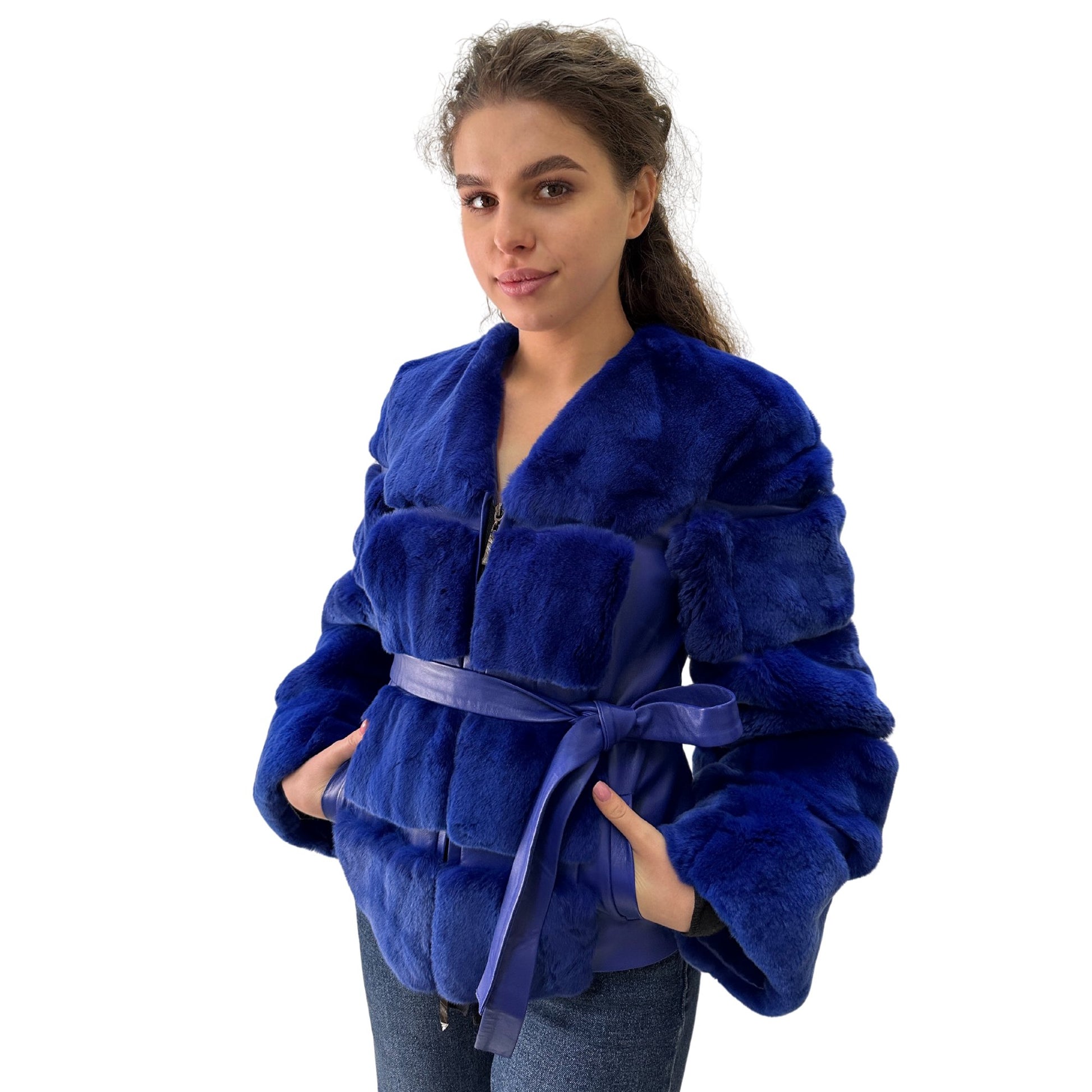 Royal Blue Fur Jacket coat made of natural leather and rex rabbit fur (S) - My Love Cape