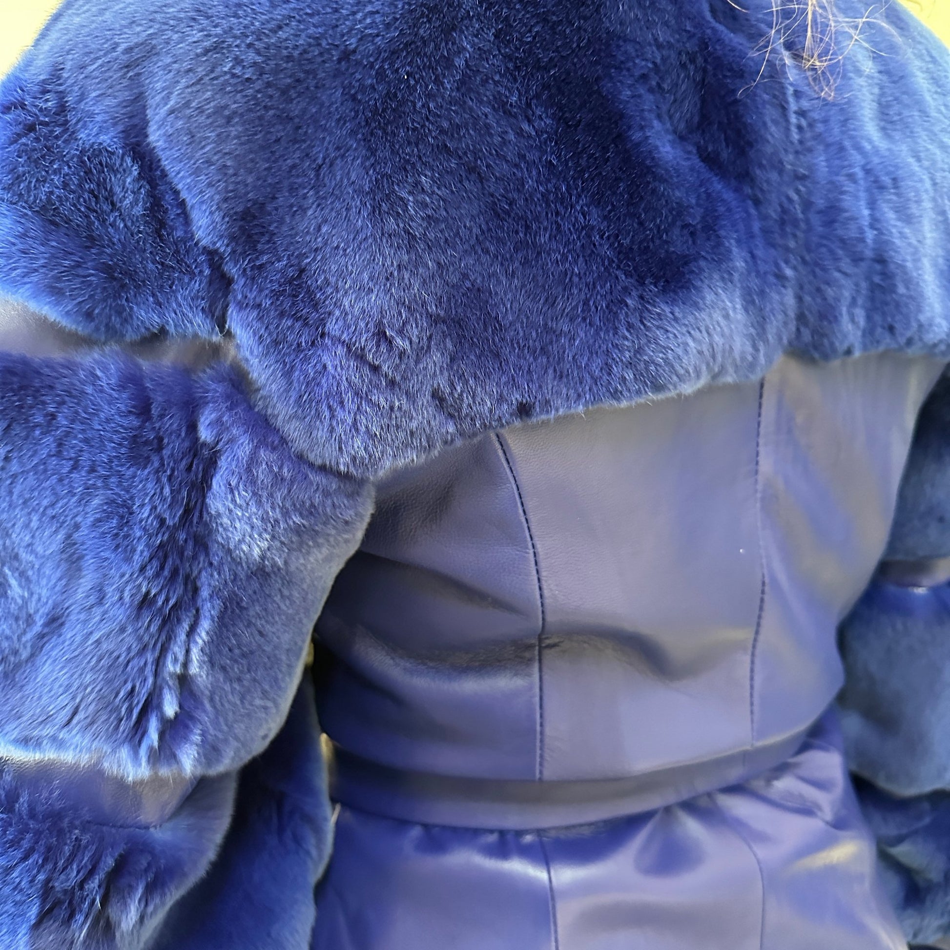 Royal Blue Fur Jacket coat made of natural leather and rex rabbit fur (S) - My Love Cape