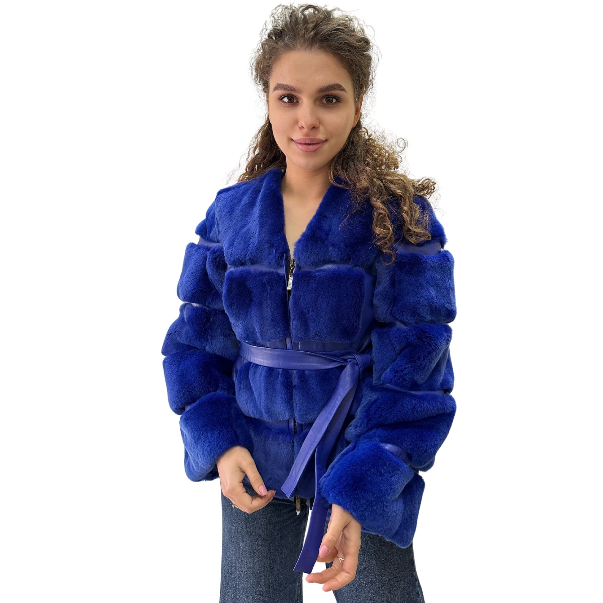 Royal Blue Fur Jacket coat made of natural leather and rex rabbit fur (S) - My Love Cape