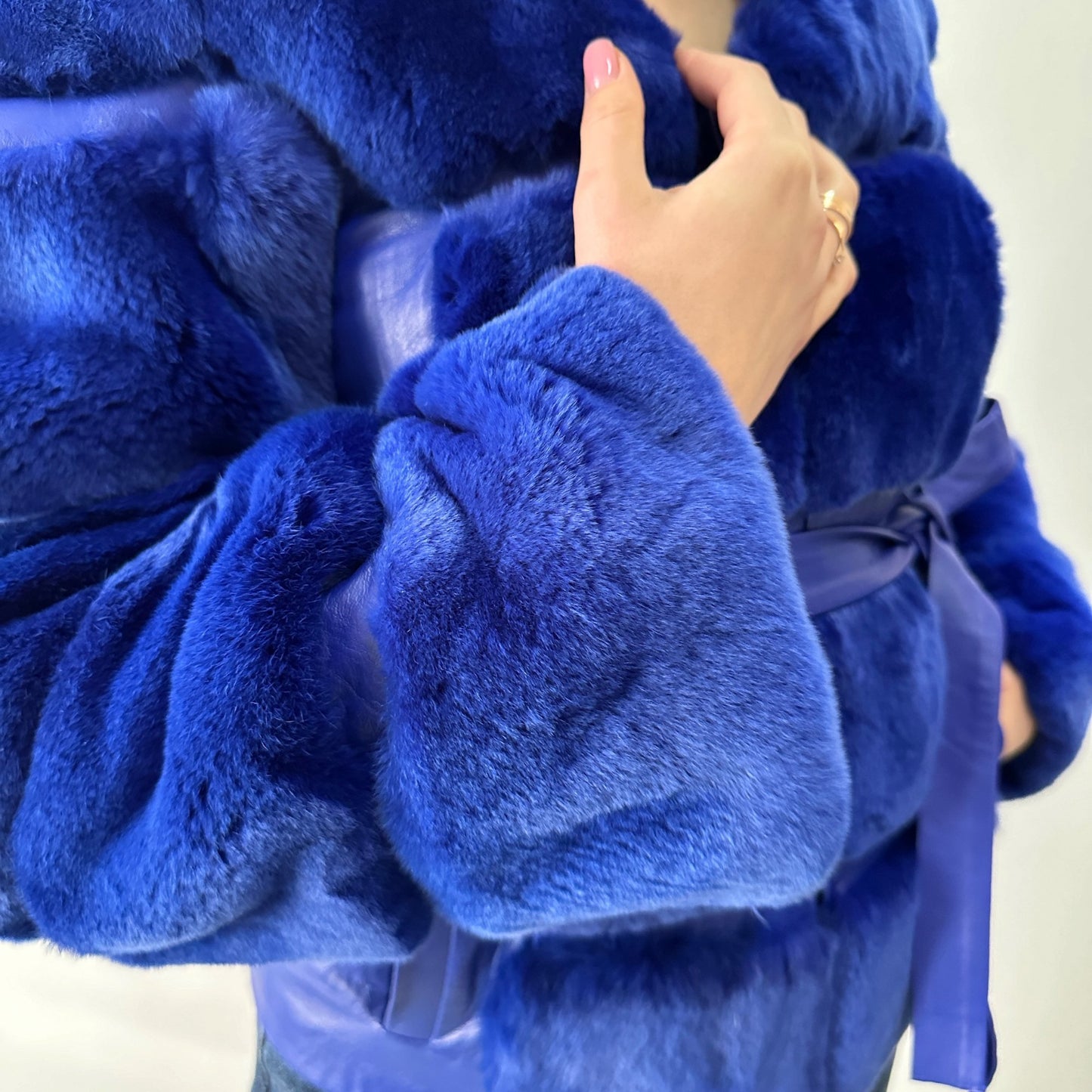 Royal Blue Fur Jacket coat made of natural leather and rex rabbit fur (S) - My Love Cape