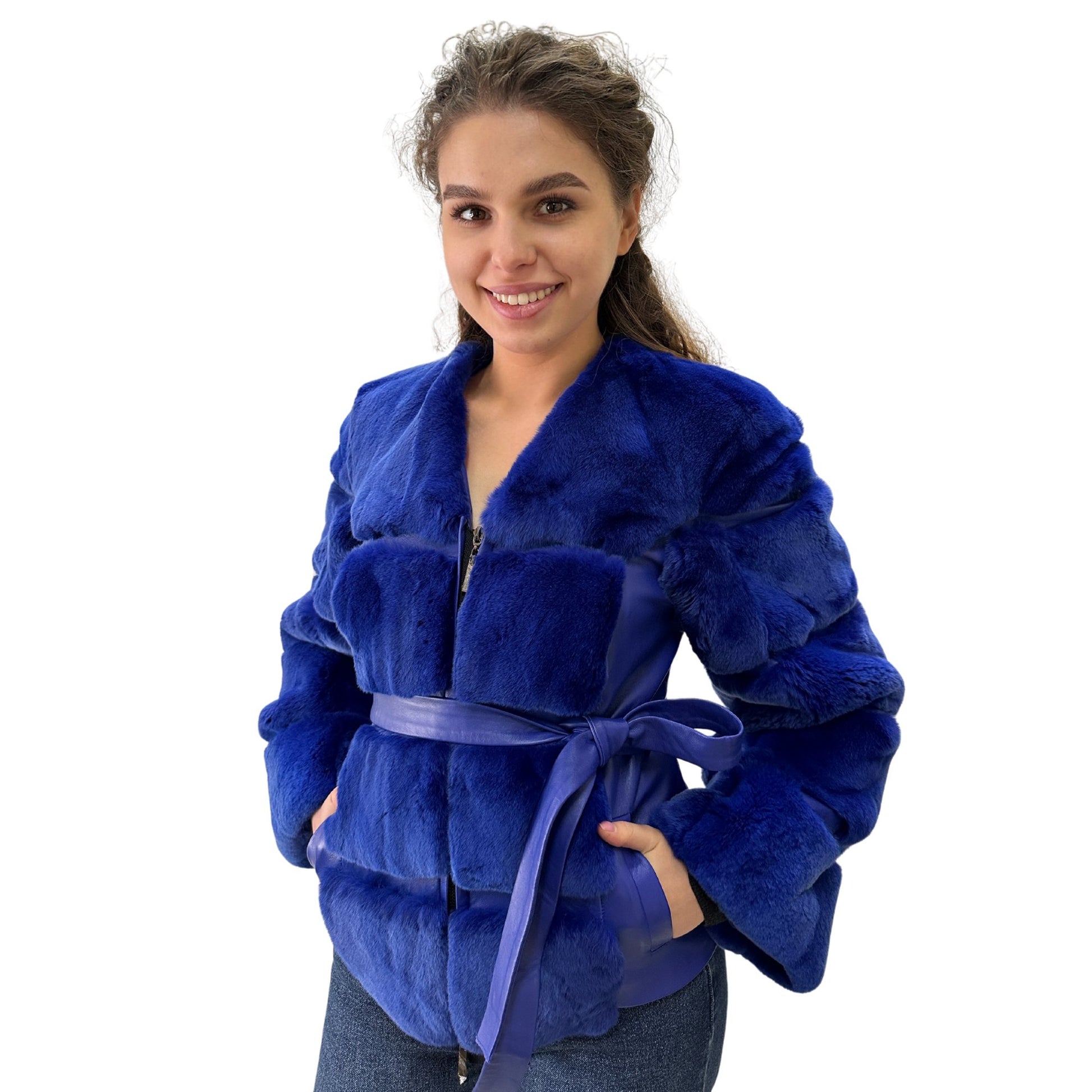 Royal Blue Fur Jacket coat made of natural leather and rex rabbit fur (S) - My Love Cape