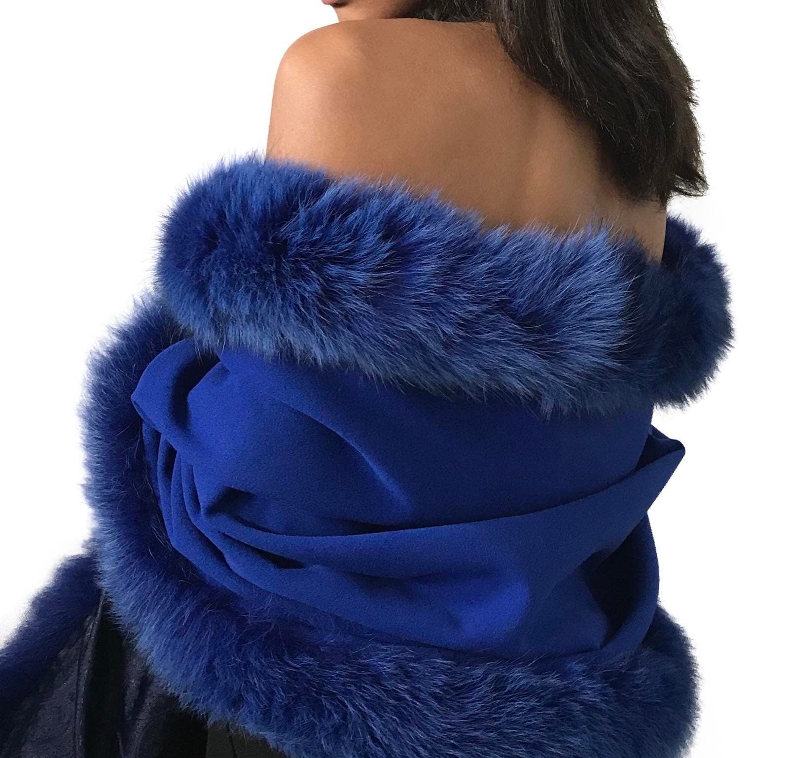 Royal Blue Women Cape Wrap, Elegant stole lined with fox fur trim, Blanket scarf oversized for womens - My Love Cape