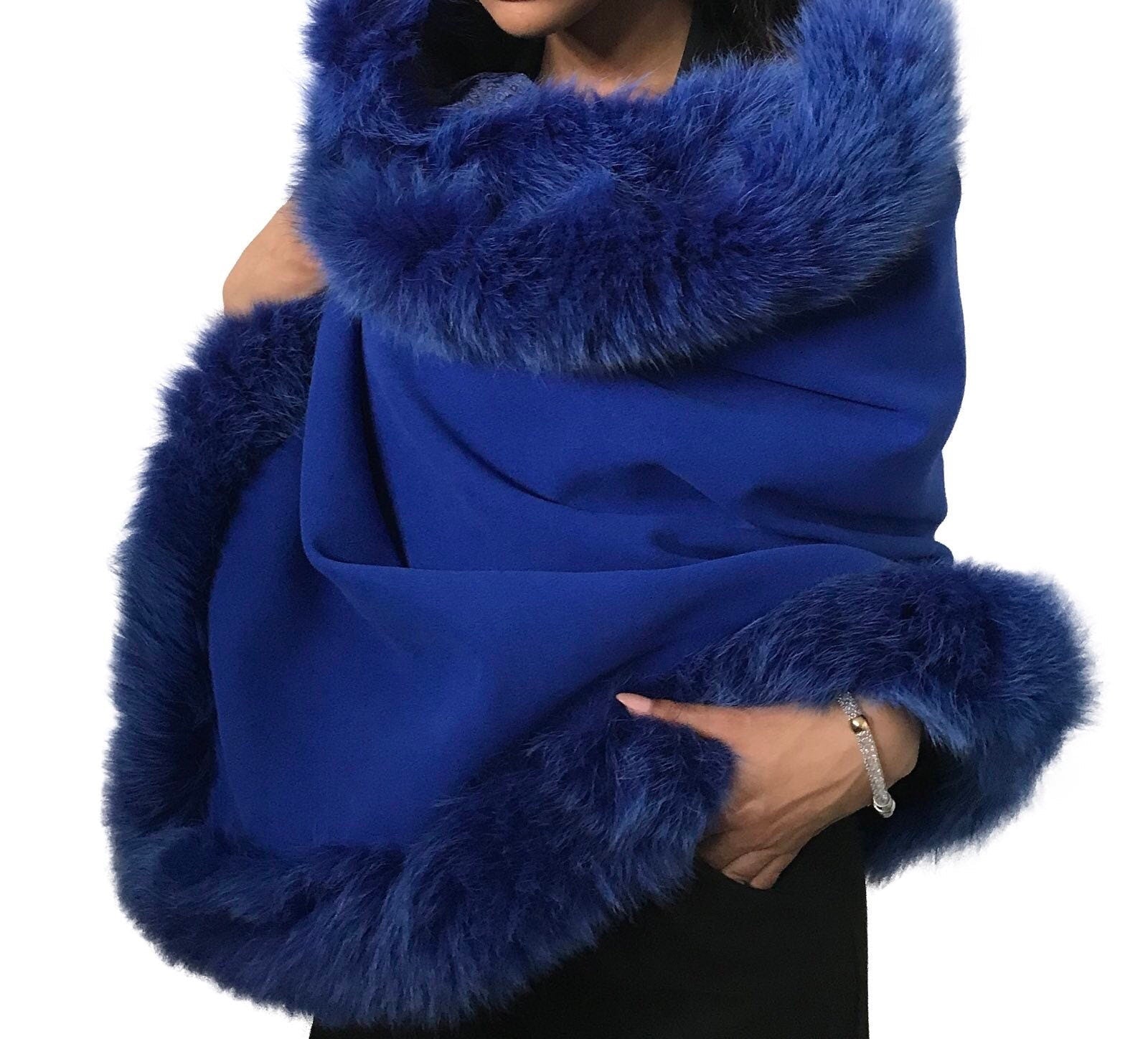 Royal Blue Women Cape Wrap, Elegant stole lined with fox fur trim, Blanket scarf oversized for womens - My Love Cape