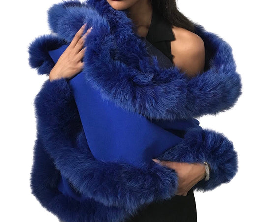 Royal Blue Women Cape Wrap, Elegant stole lined with fox fur trim, Blanket scarf oversized for womens - My Love Cape