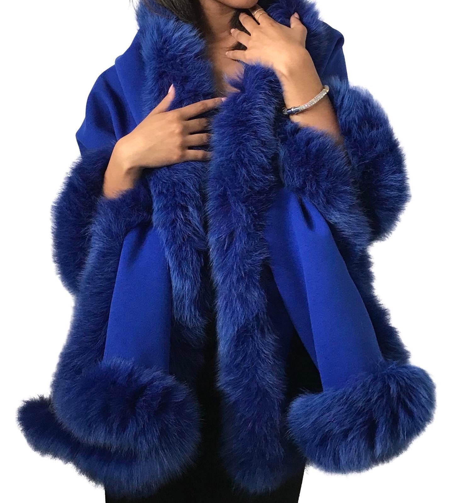 Royal Blue Women Cape Wrap, Elegant stole lined with fox fur trim, Blanket scarf oversized for womens - My Love Cape