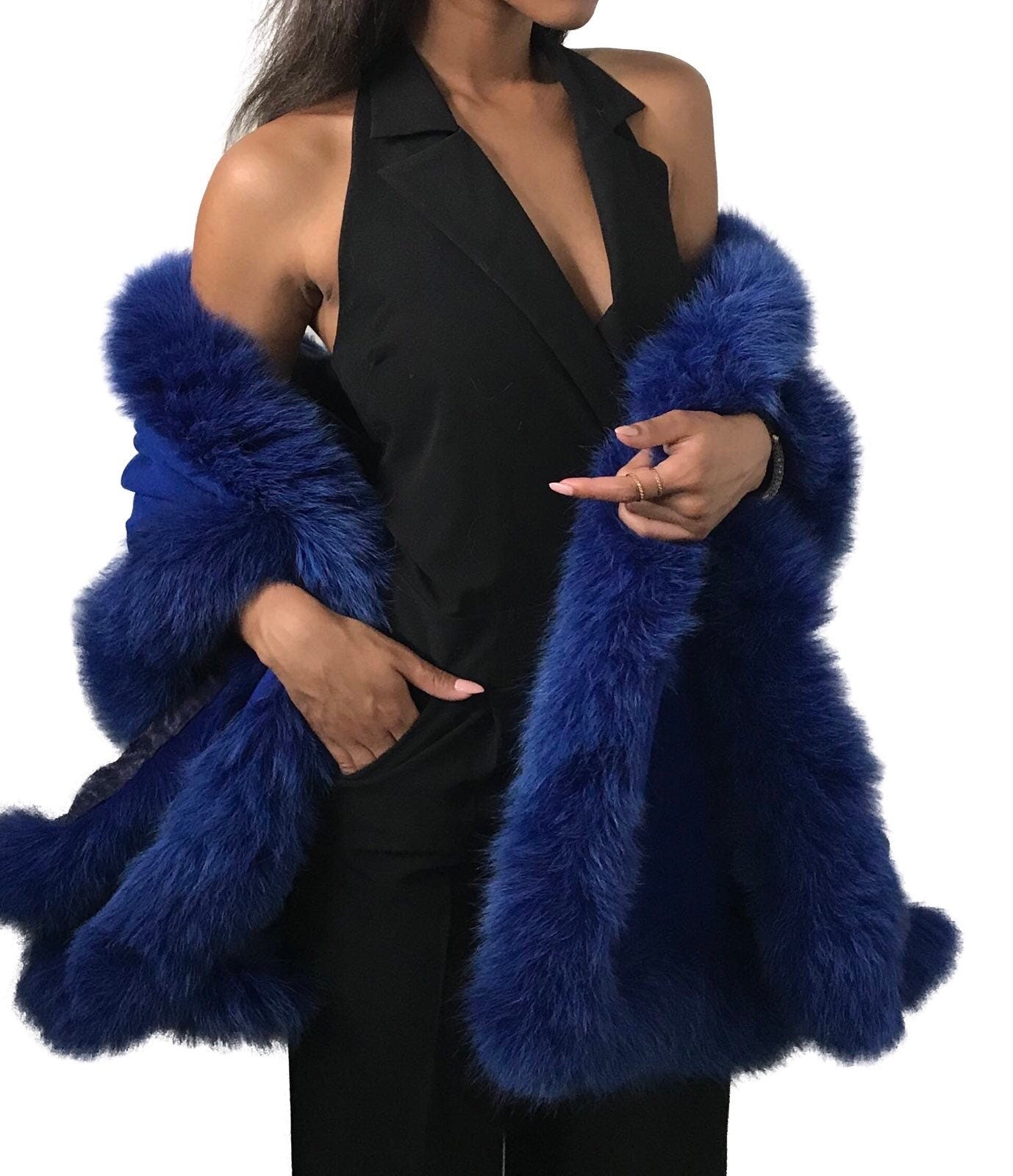 Royal Blue Women Cape Wrap, Elegant stole lined with fox fur trim, Blanket scarf oversized for womens - My Love Cape