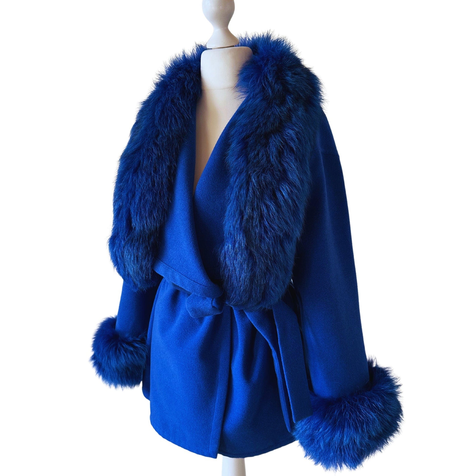 Royal Blue Wrap Elegant Women coat, Belted Feminine Jacket Overcoat Trim Fox Fur, Cashmere Woolen blend Coat Wrap - My Love Cape