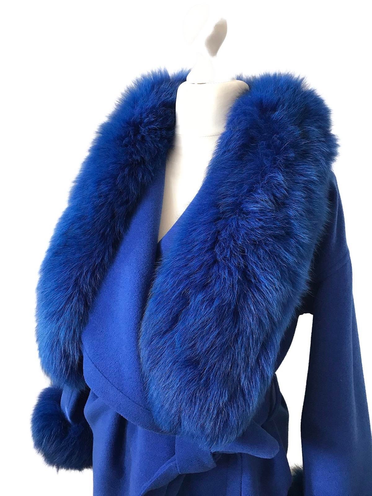 Royal Blue Wrap Elegant Women coat, Long Belted Feminine Overcoat Trim Fox Fur, Cashmere Woolen blend Coat Wrap - My Love Cape