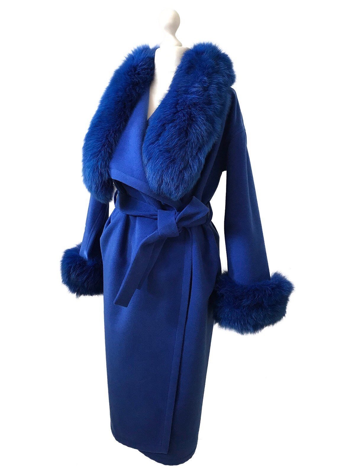 Royal Blue Wrap Elegant Women coat, Long Belted Feminine Overcoat Trim Fox Fur, Cashmere Woolen blend Coat Wrap - My Love Cape