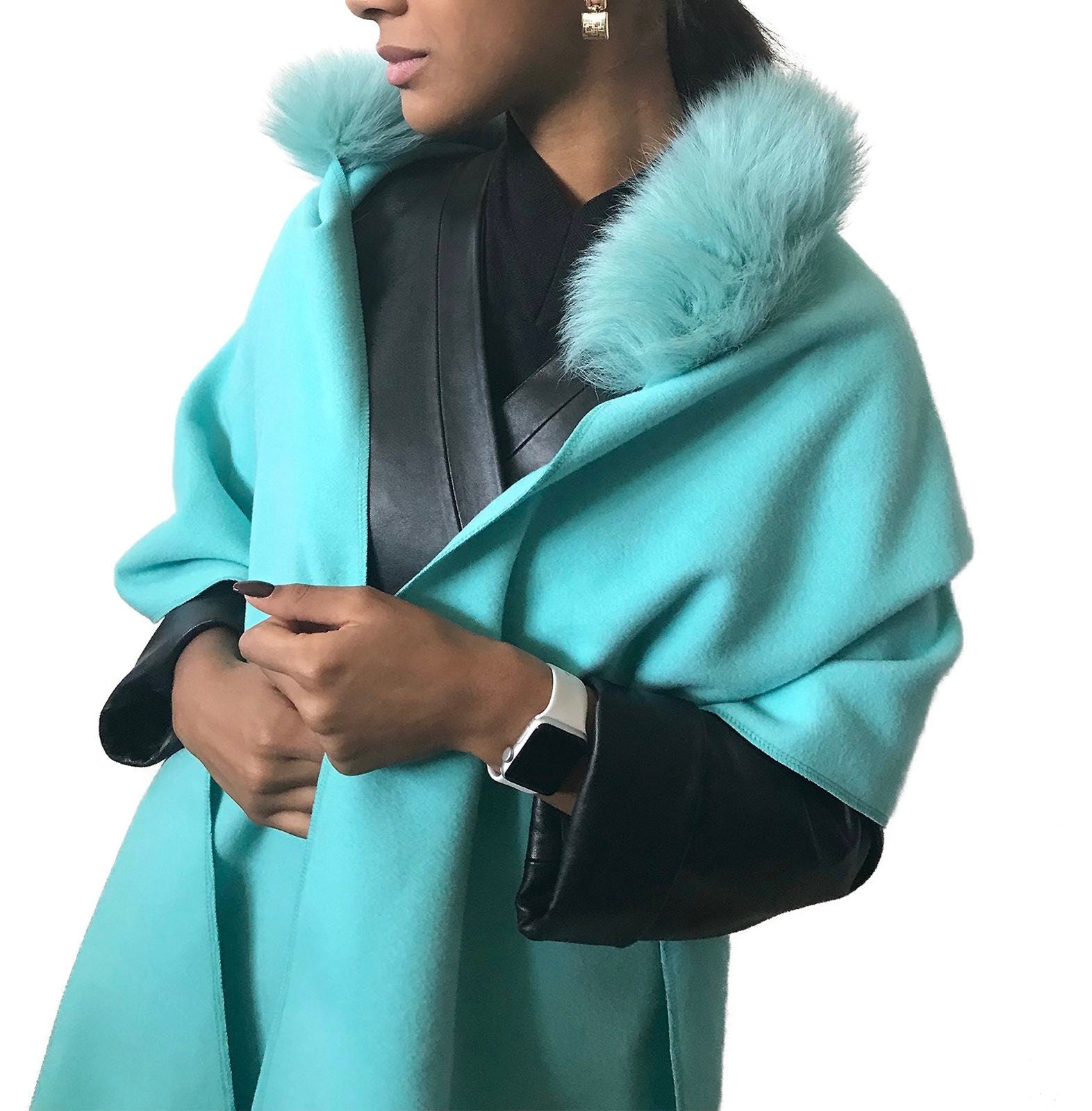 Turquoise Women Scarf Stole Cape Wrap Trim Fox Fur, Extra Large Shawl, Winter Gift, Woolen blend Cape Scarf - My Love Cape