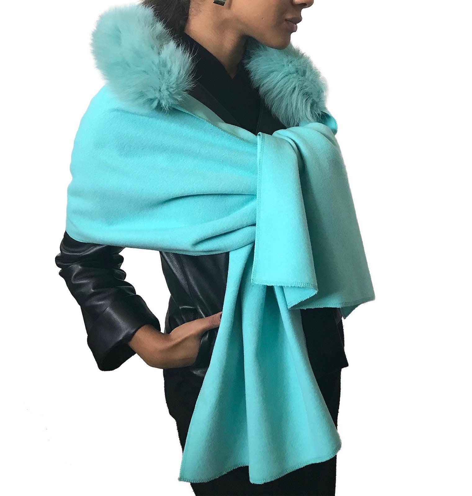 Turquoise Women Scarf Stole Cape Wrap Trim Fox Fur, Extra Large Shawl, Winter Gift, Woolen blend Cape Scarf - My Love Cape