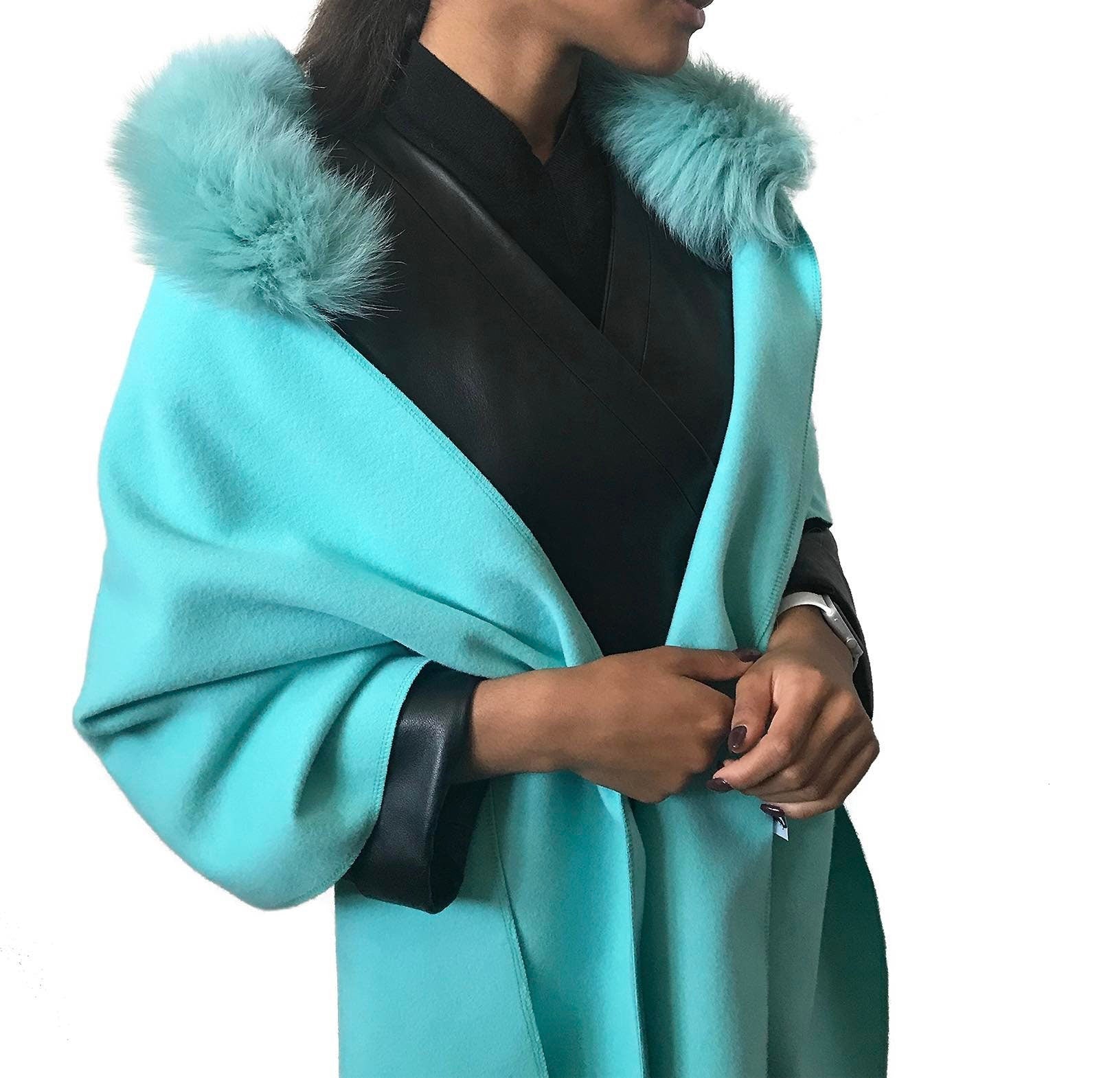 Turquoise Women Scarf Stole Cape Wrap Trim Fox Fur, Extra Large Shawl, Winter Gift, Woolen blend Cape Scarf - My Love Cape