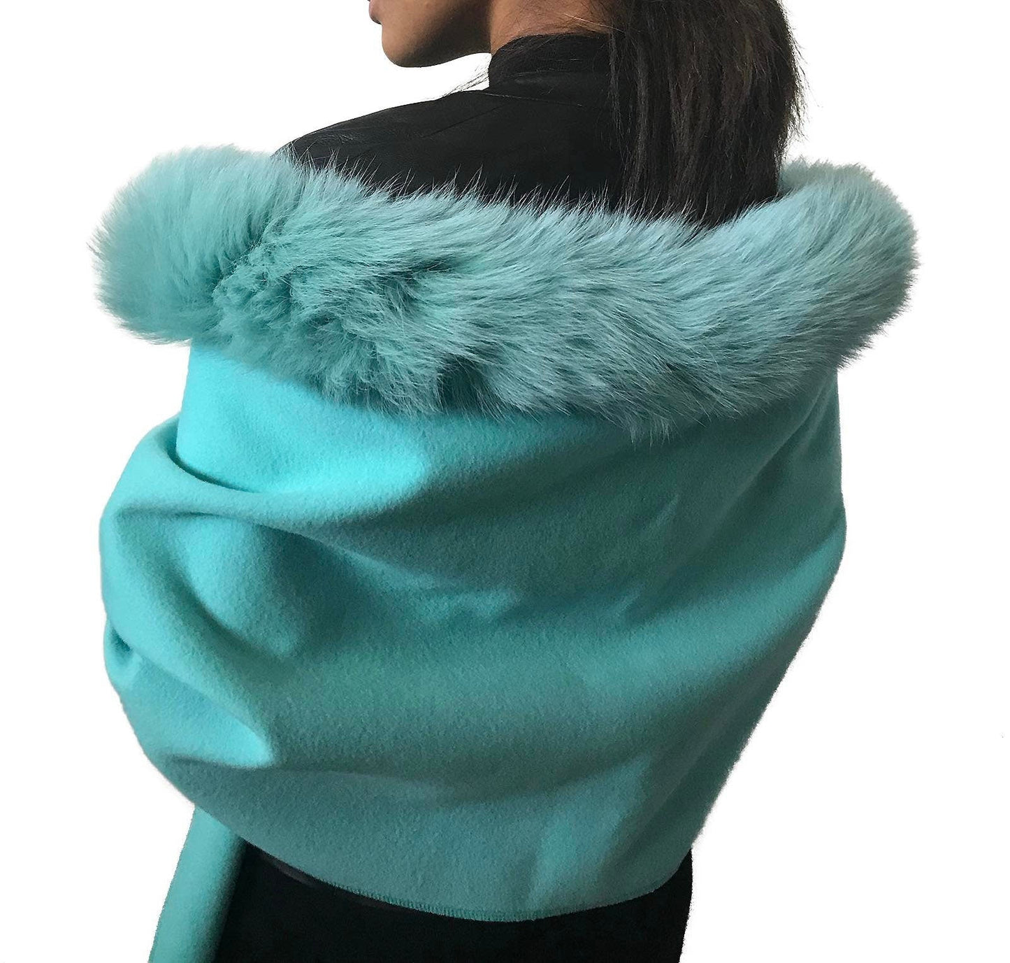 Turquoise Women Scarf Stole Cape Wrap Trim Fox Fur, Extra Large Shawl, Winter Gift, Woolen blend Cape Scarf - My Love Cape