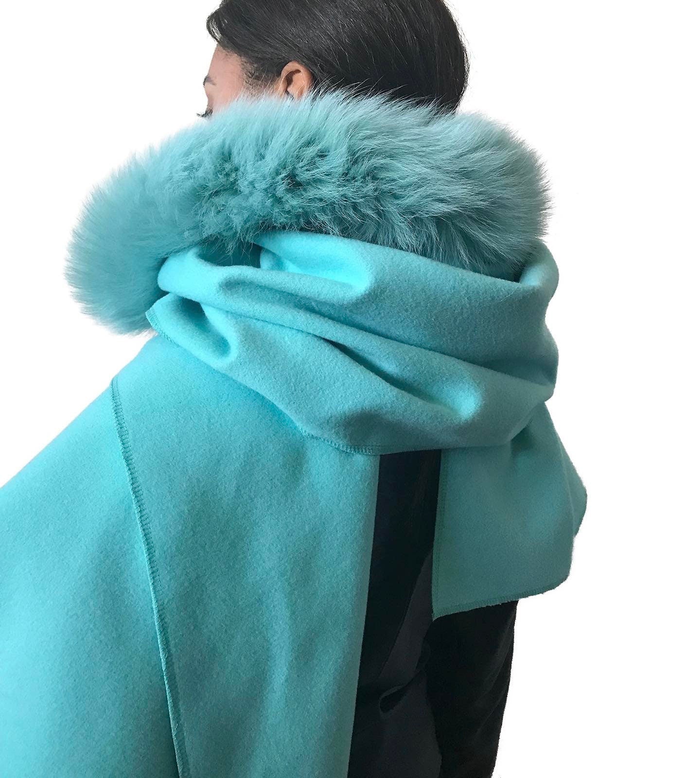 Turquoise Women Scarf Stole Cape Wrap Trim Fox Fur, Extra Large Shawl, Winter Gift, Woolen blend Cape Scarf - My Love Cape