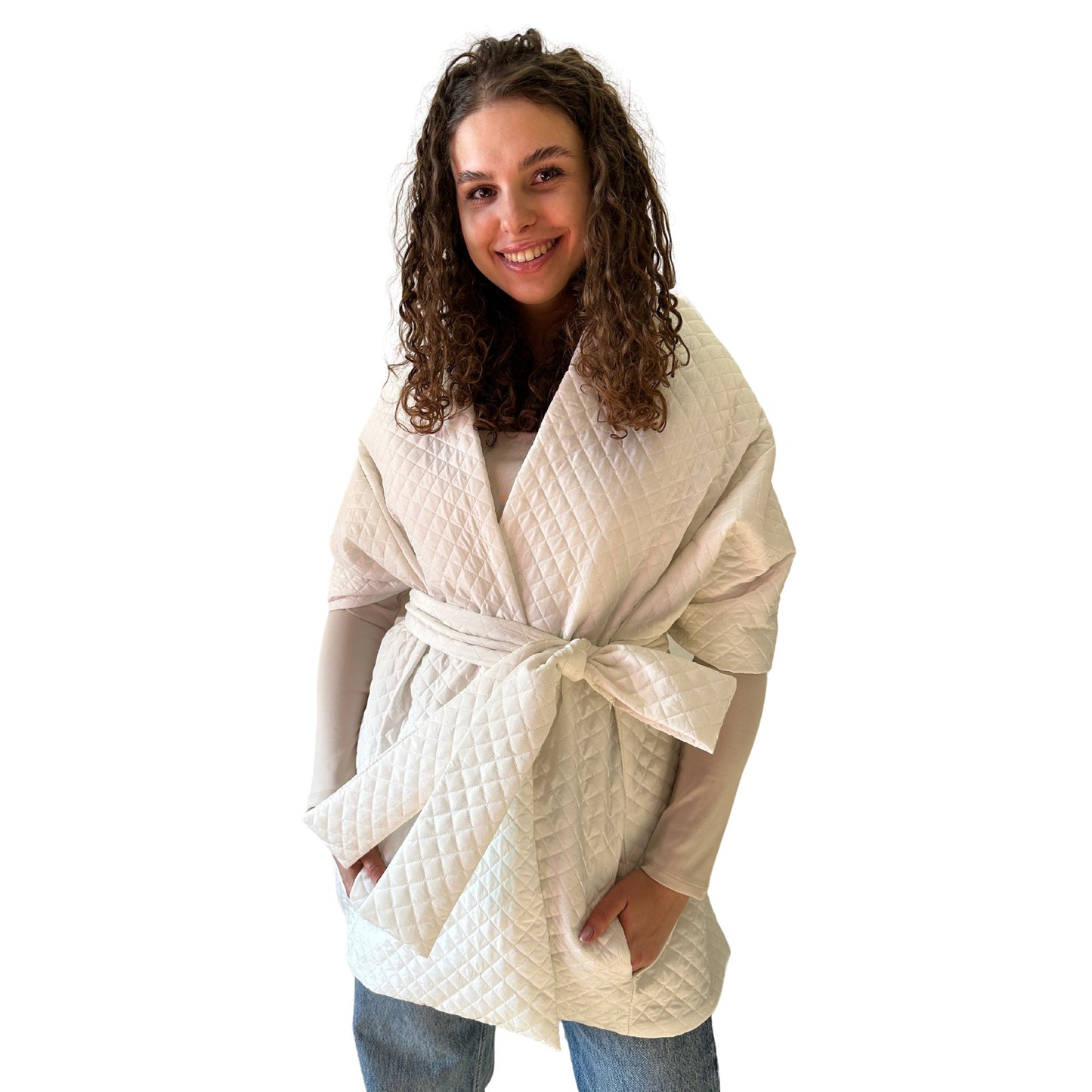 White Long Cape Lagre Wide Scarf Puffer 20x80 inch with 2 pocket and Belt - My Love Cape