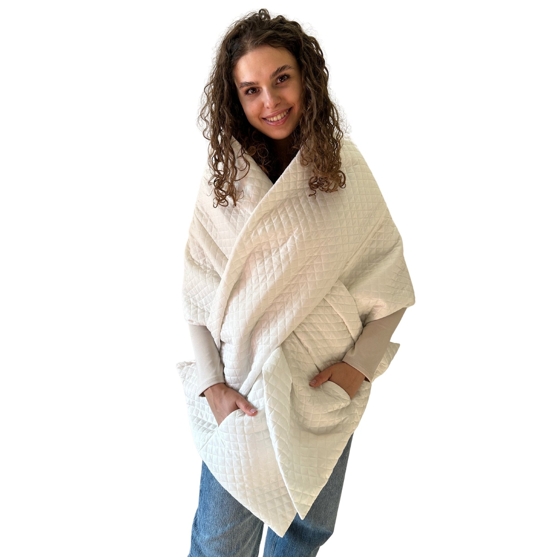 White Long Cape Lagre Wide Scarf Puffer 20x80 inch with 2 pocket and Belt - My Love Cape