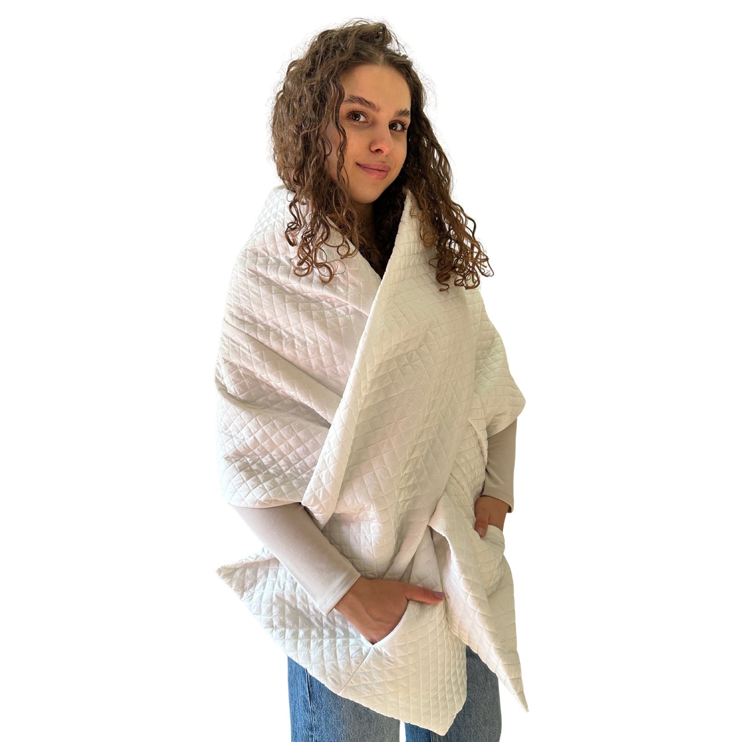 White Long Cape Lagre Wide Scarf Puffer 20x80 inch with 2 pocket and Belt - My Love Cape