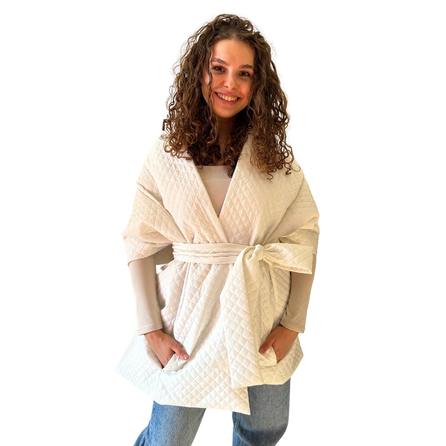 White Long Cape Lagre Wide Scarf Puffer 20x80 inch with 2 pocket and Belt - My Love Cape