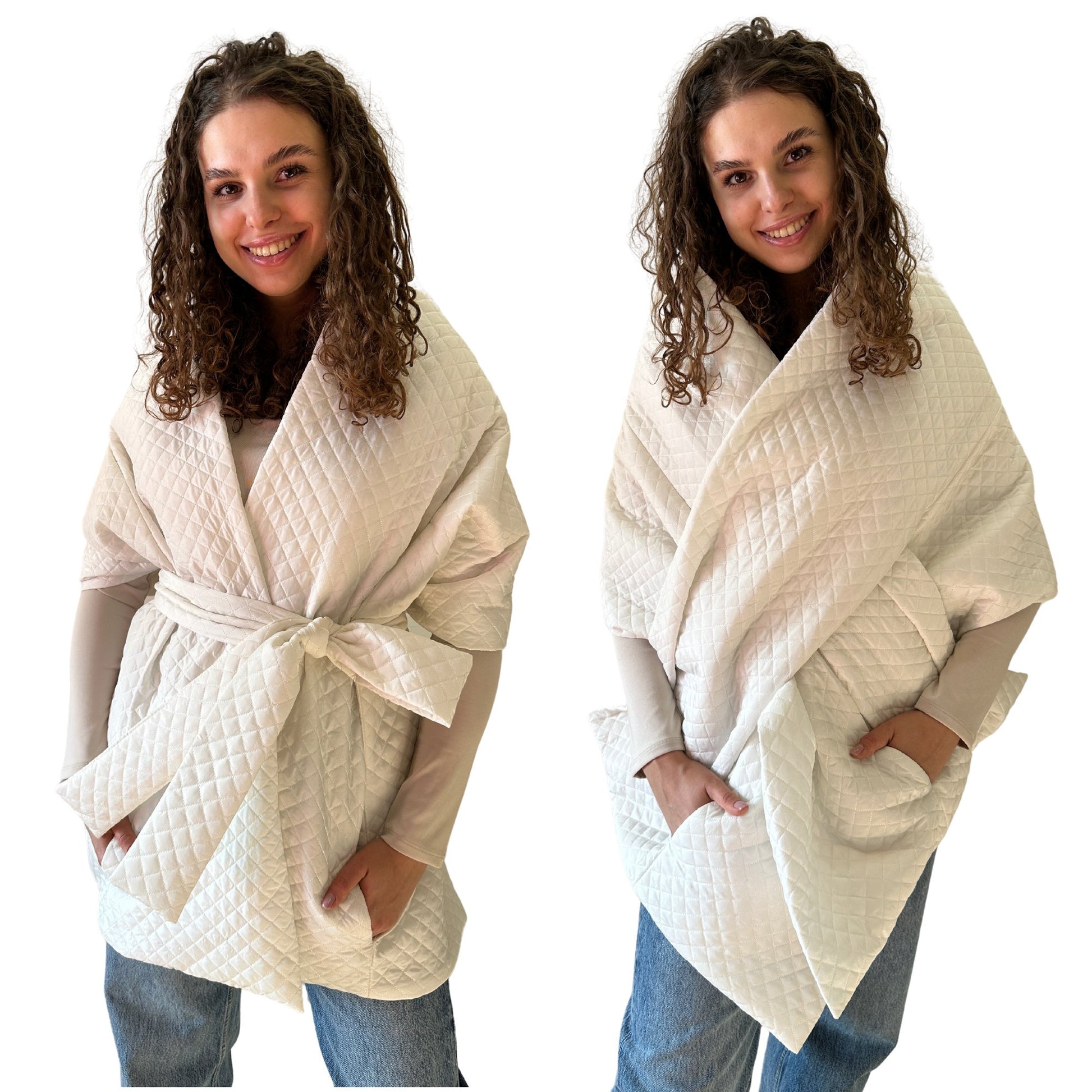 White Long Cape Lagre Wide Scarf Puffer 20x80 inch with 2 pocket and Belt - My Love Cape