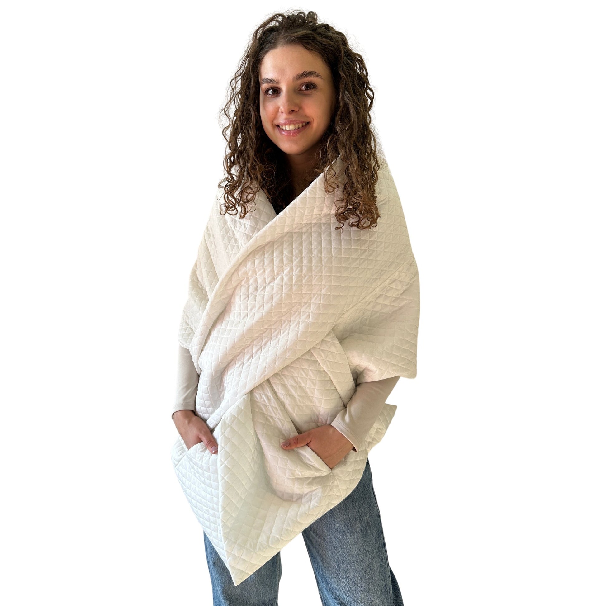 White Long Cape Lagre Wide Scarf Puffer 20x80 inch with 2 pocket and Belt - My Love Cape