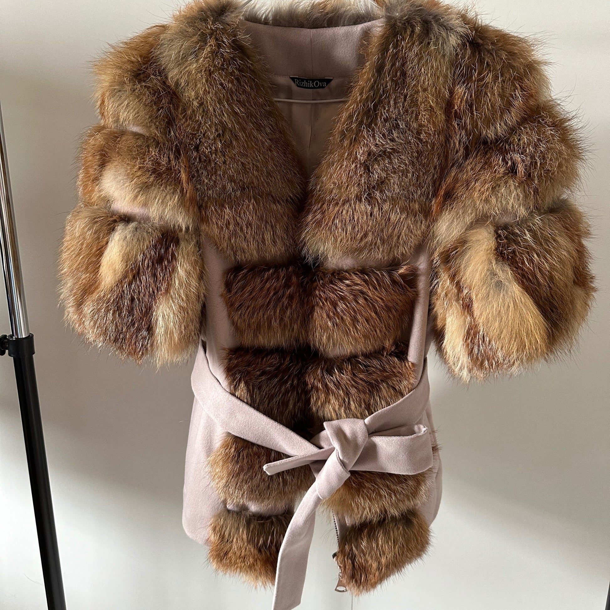 Women Beige short belted jacket coat Woolen blend and fox fur - My Love Cape