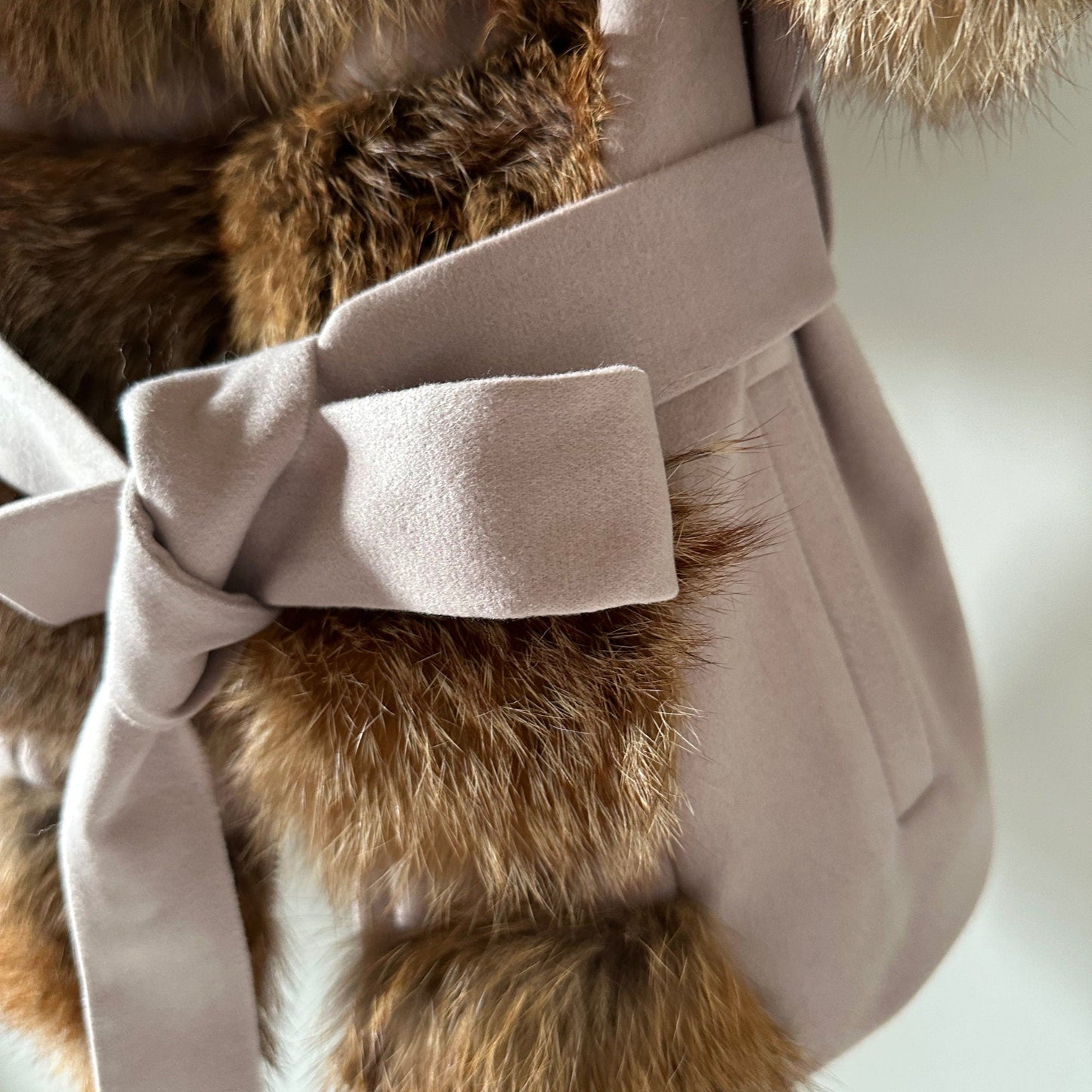 Women Beige short belted jacket coat Woolen blend and fox fur - My Love Cape