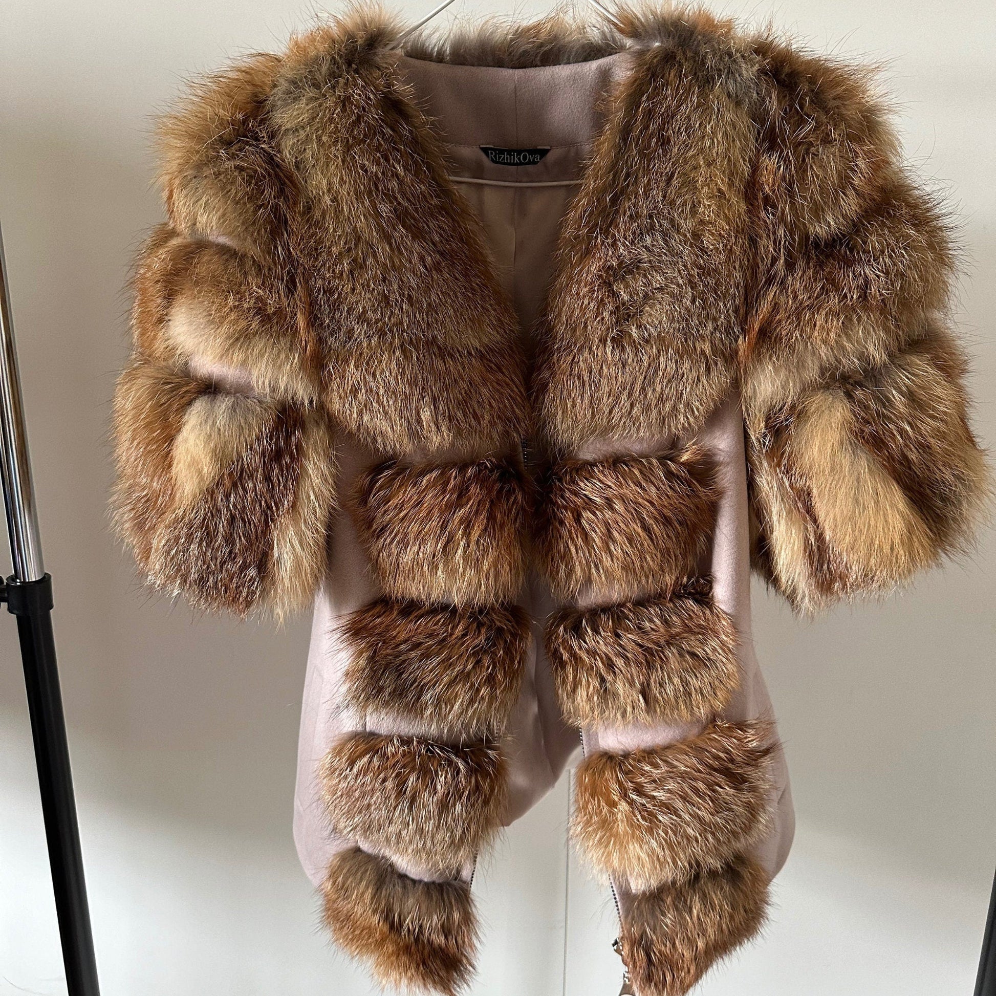 Women Beige short belted jacket coat Woolen blend and fox fur - My Love Cape