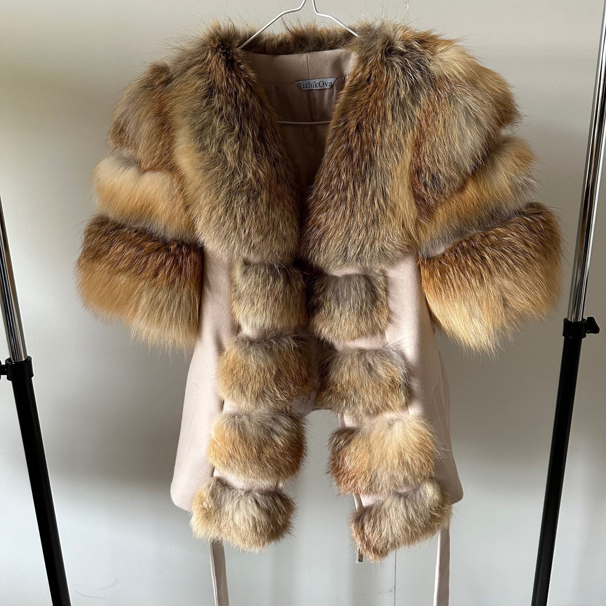 Women Beige short belted jacket coat Woolen blend and fox fur - My Love Cape