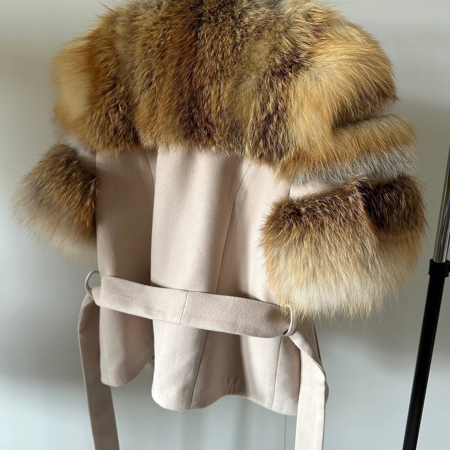 Women Beige short belted jacket coat Woolen blend and fox fur - My Love Cape