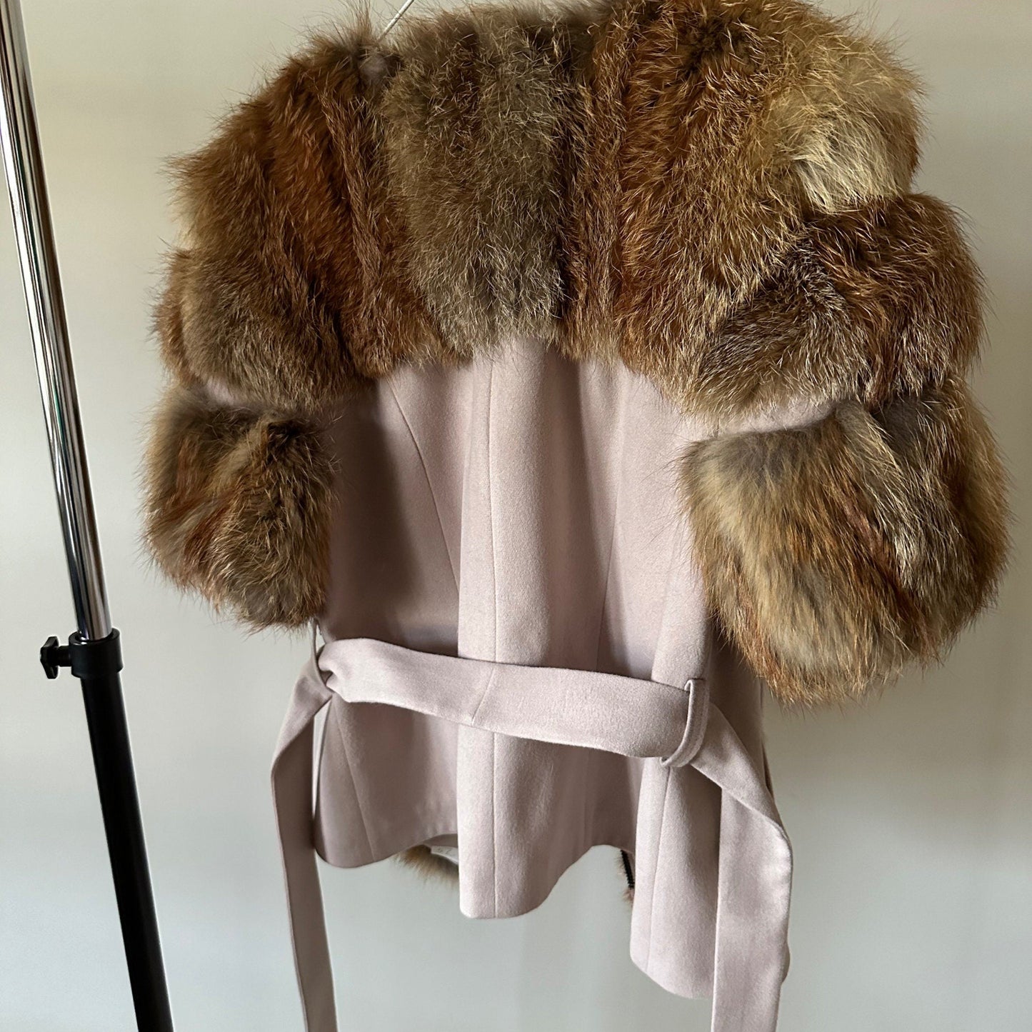 Women Beige short belted jacket coat Woolen blend and fox fur - My Love Cape