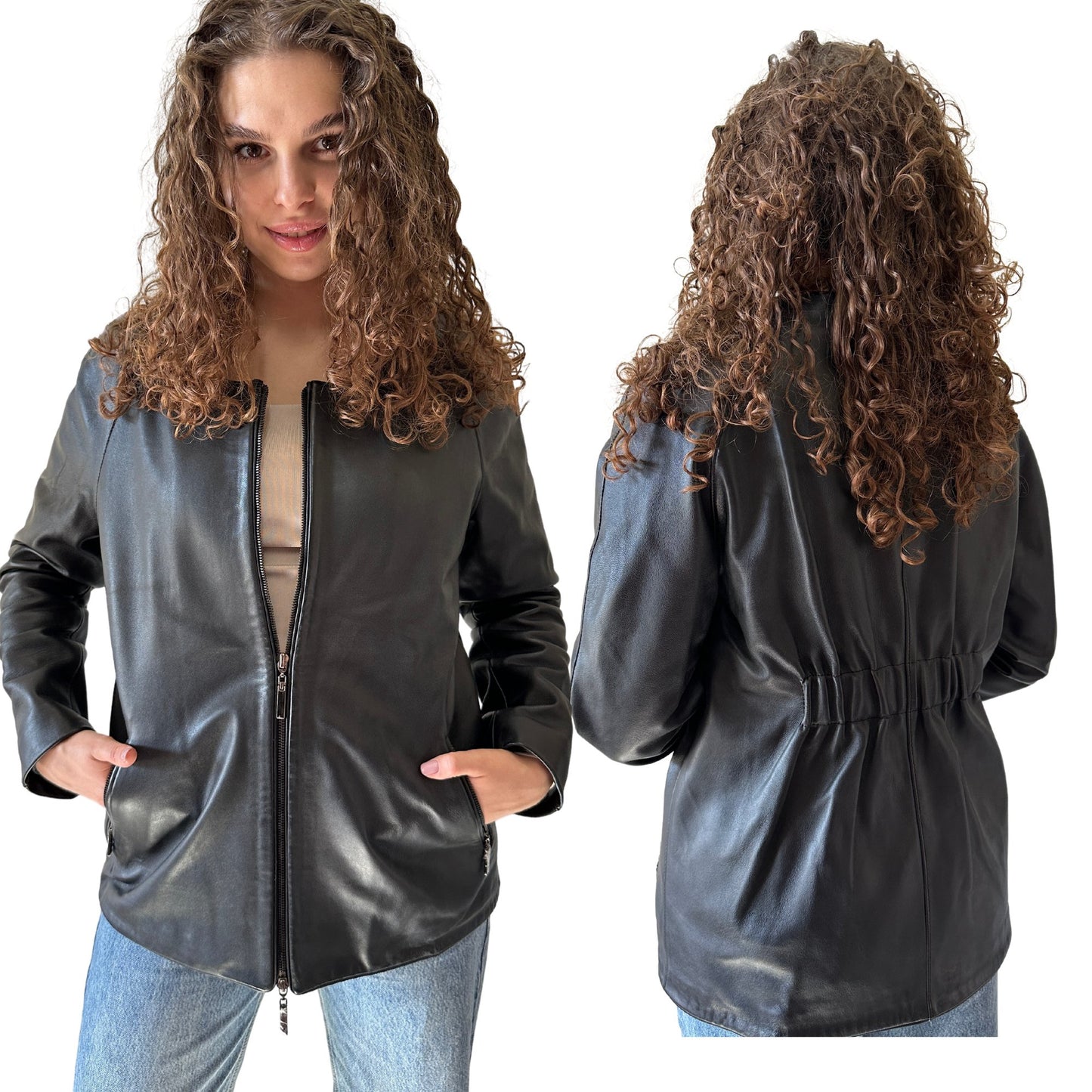 Women Black Leather Zip Jacket - My Love Cape