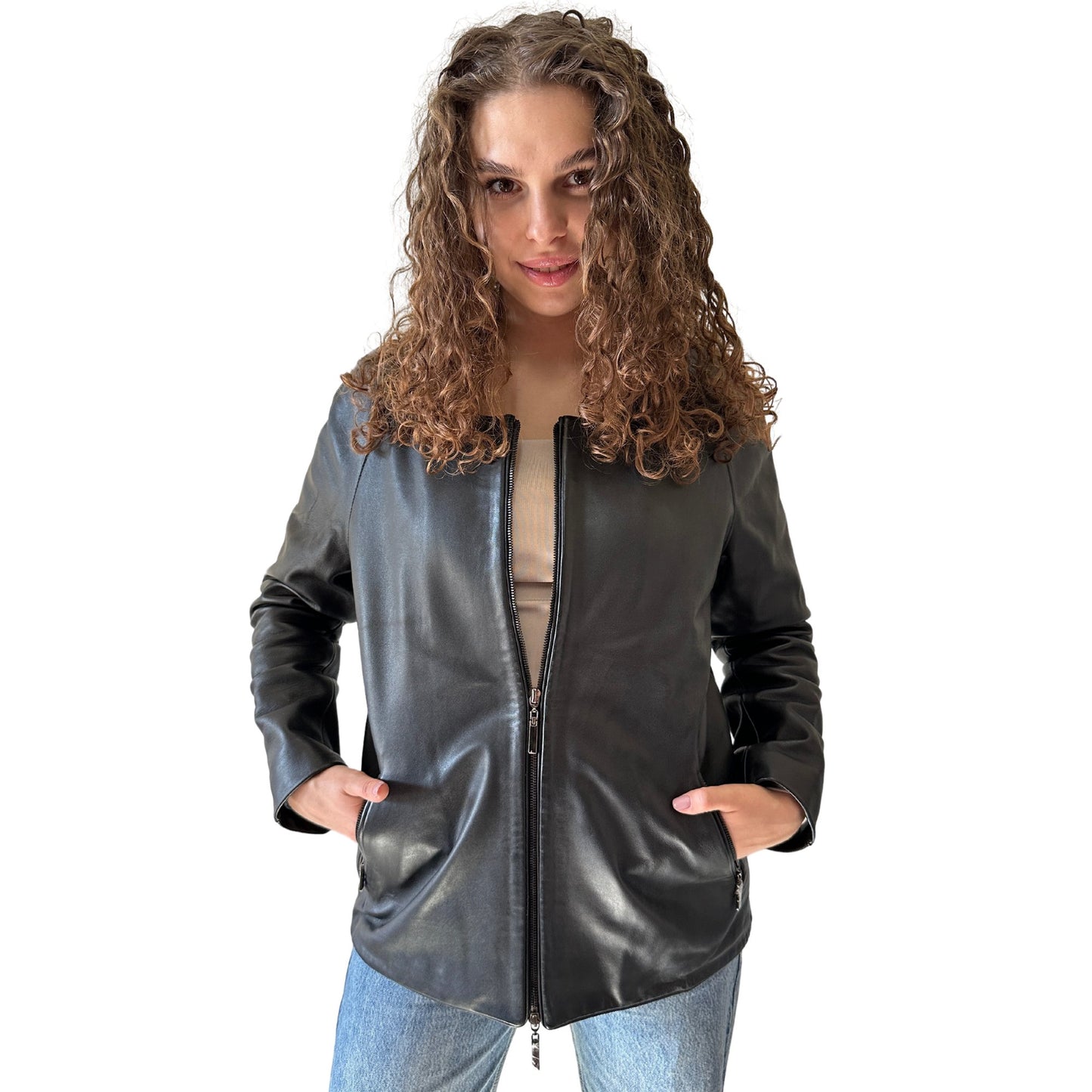 Women Black Leather Zip Jacket - My Love Cape