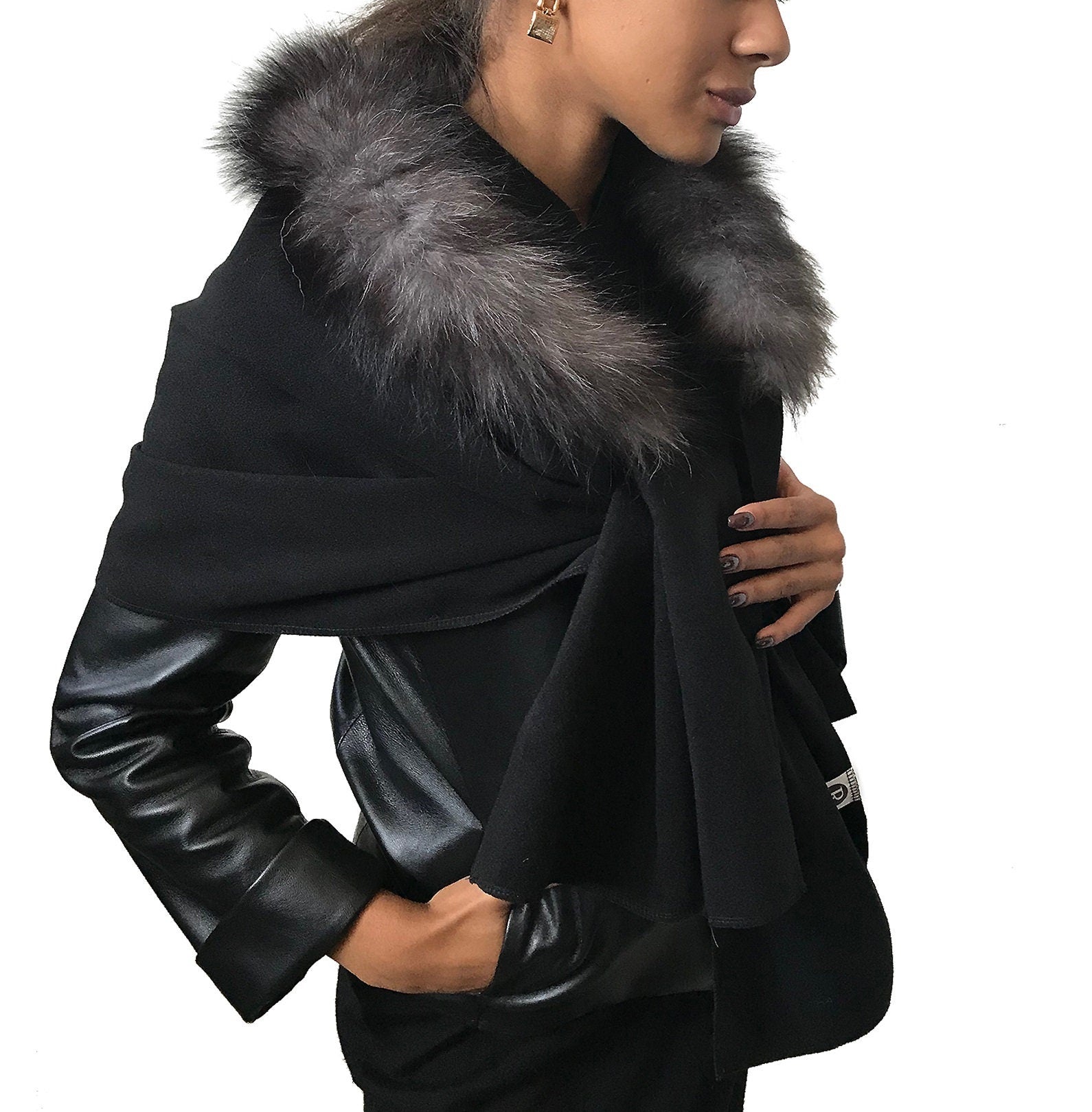 Women Black Scarf Stole Cape Wraps Cashmere and trim arctic fox fur - My Love Cape