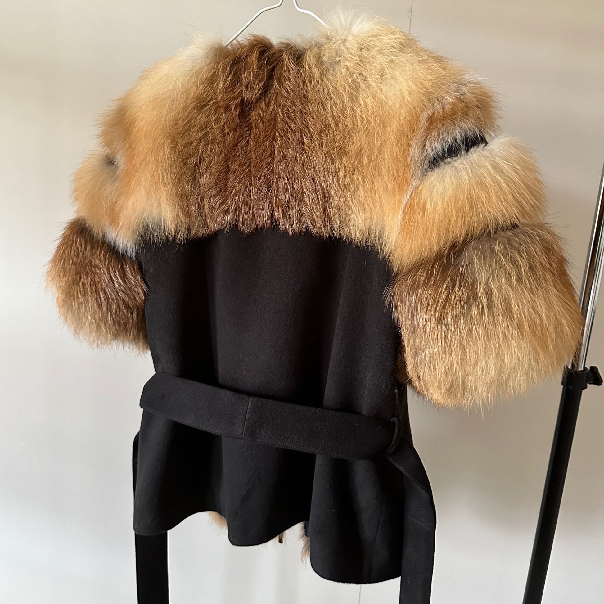 Women Black short belted jacket coat Woolen blend and fox fur - My Love Cape