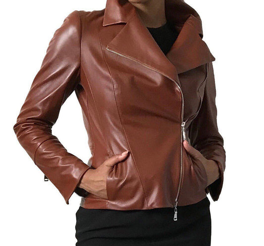 Women Brown leather Biker jacket - My Love Cape