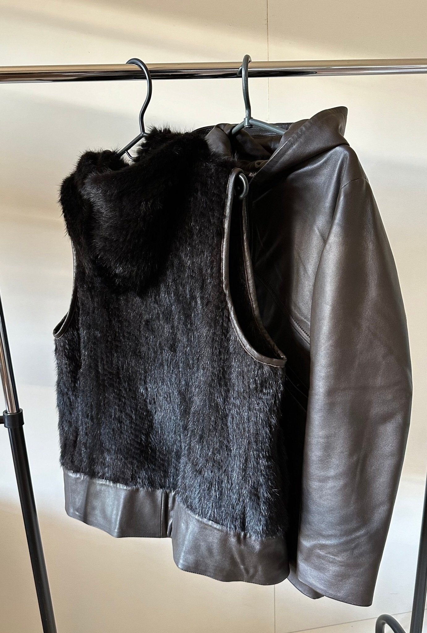 Women Brown Leather Jacket Lining Vest Mink Fur 3 in 1 - My Love Cape