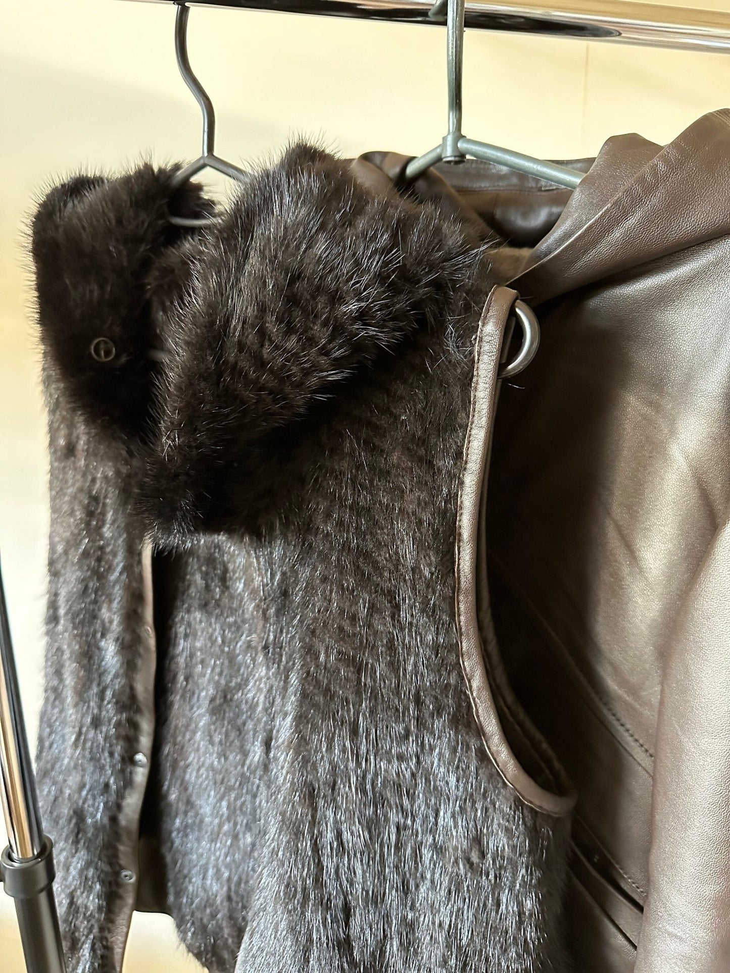 Women Brown Leather Jacket Lining Vest Mink Fur 3 in 1 - My Love Cape