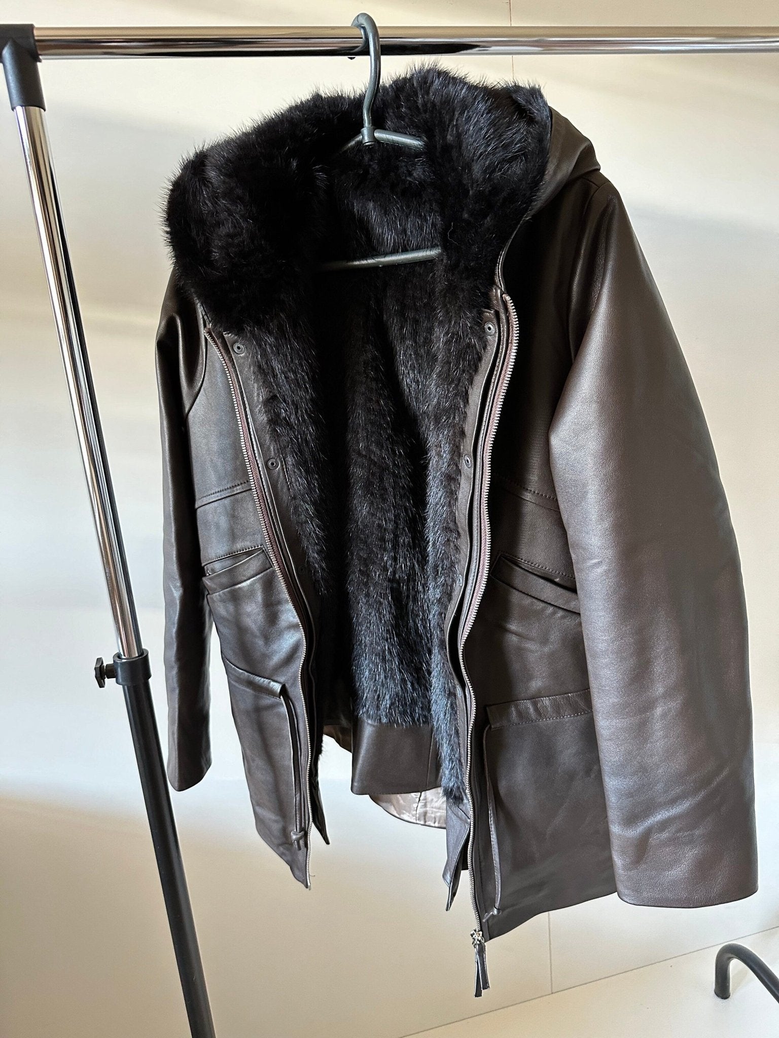 Women Brown Leather Jacket Lining Vest Mink Fur 3 in 1 - My Love Cape