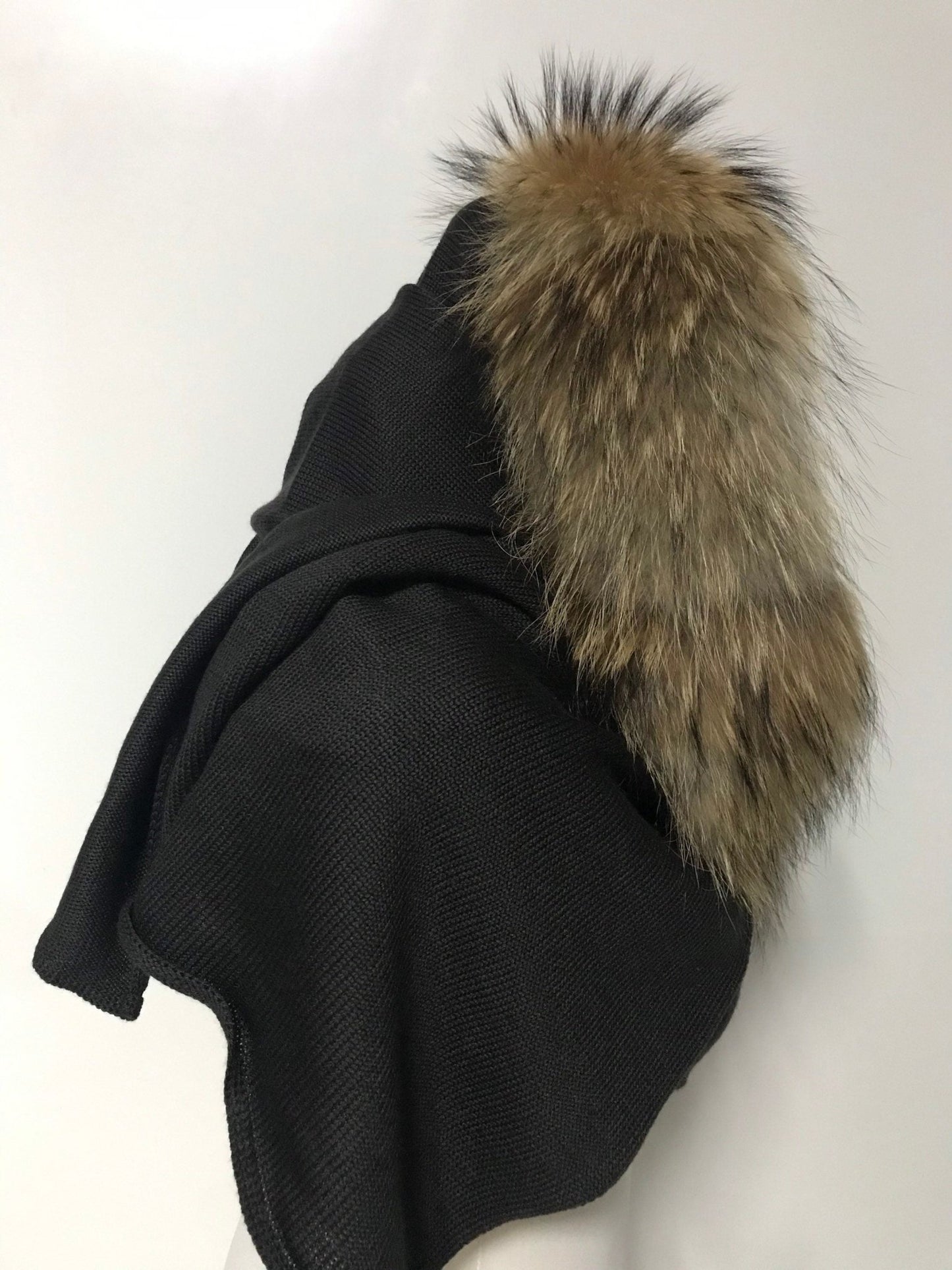 Women Brown Scarf Stole Cape Wrap Merino with silk Detachable raccoon fur collar - My Love Cape