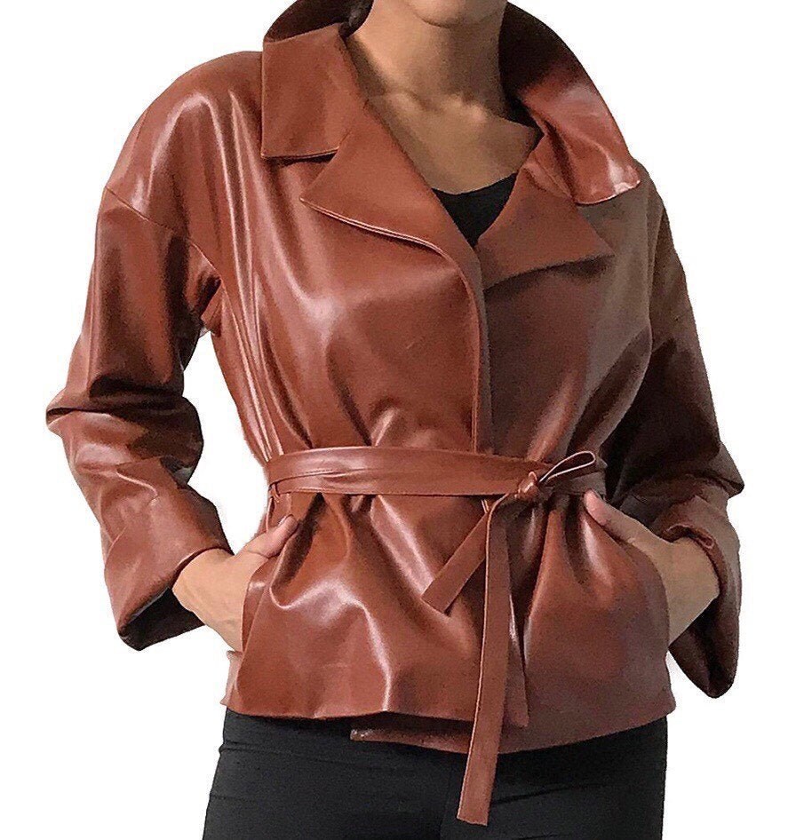 Women Brown Wrap leather Elegant jacket coat - My Love Cape