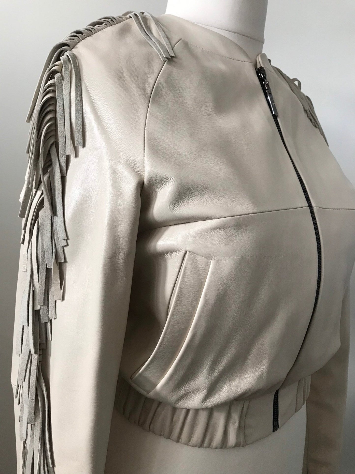 Women Creamer leather fringe jacket - My Love Cape