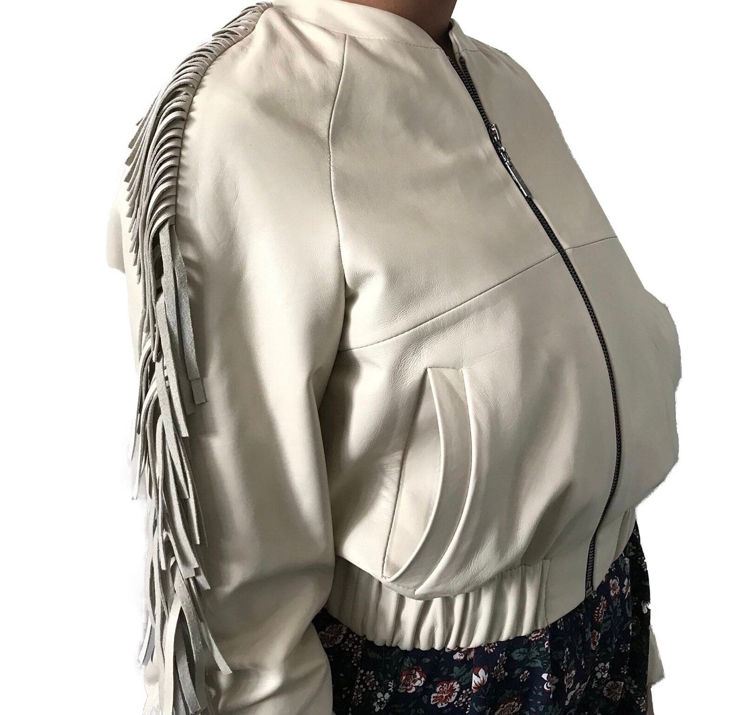 Women Creamer leather fringe jacket - My Love Cape