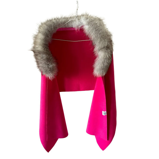 Women Hot Pink Scarf Stole Cape Wraps Woolen blend and trim arctic fox fur - My Love Cape